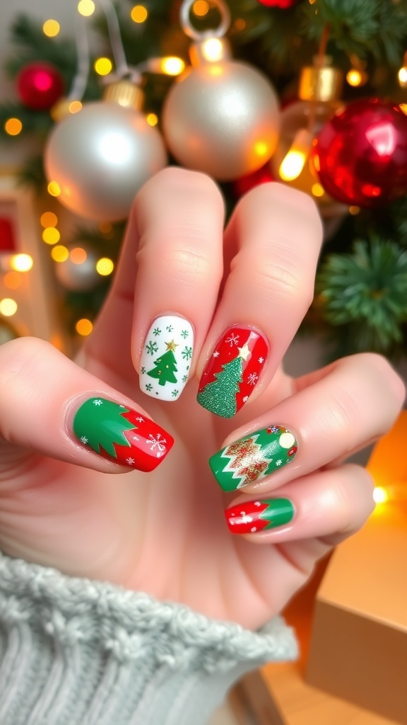 Festive Christmas Nail Art Ideas for 2025 Festive Christmas nail art featuring red and green designs with snowflakes and glitter.